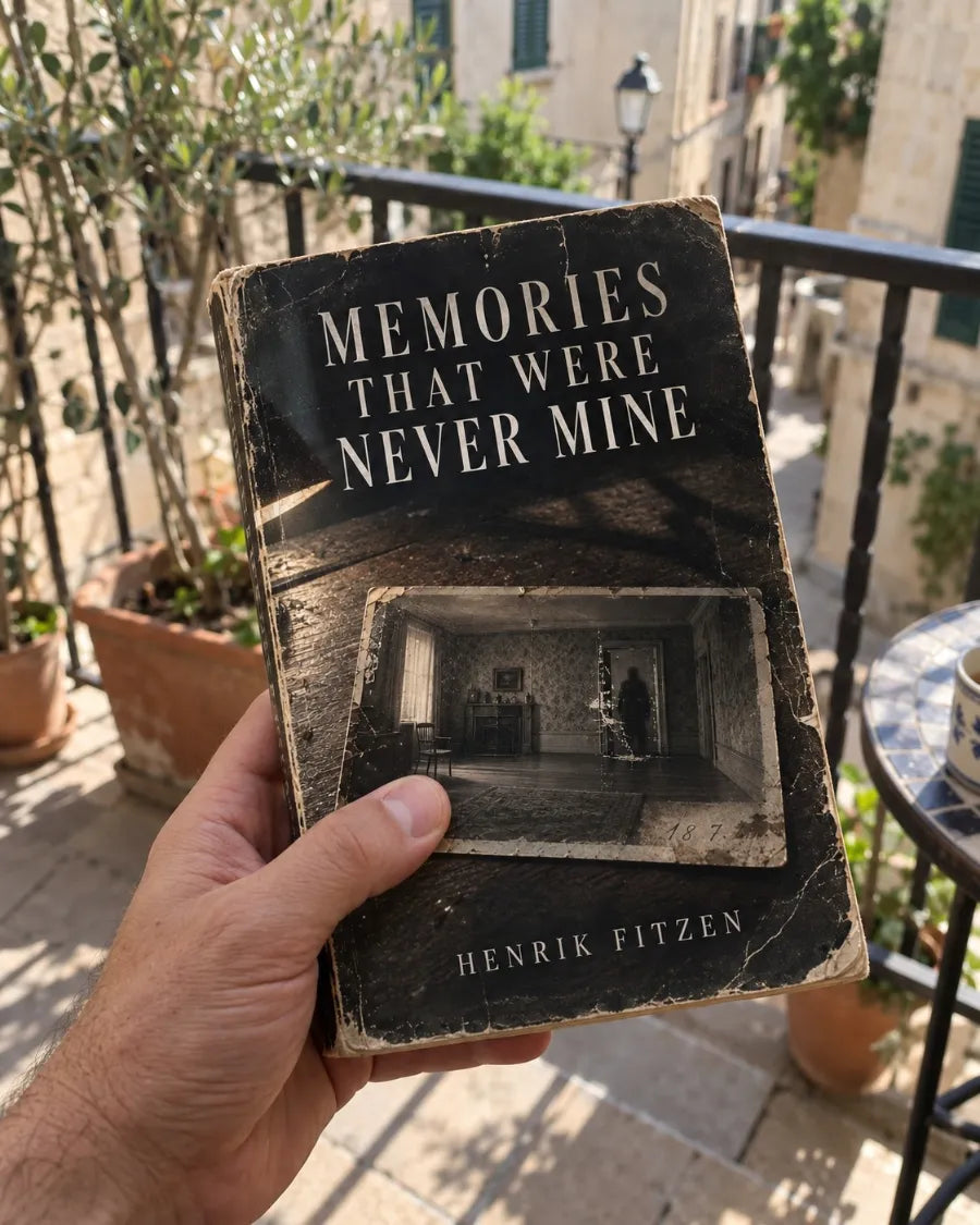 A worn copy of Memories That Were Never Mine by Henrik Fitzen, held up by the reader who found it